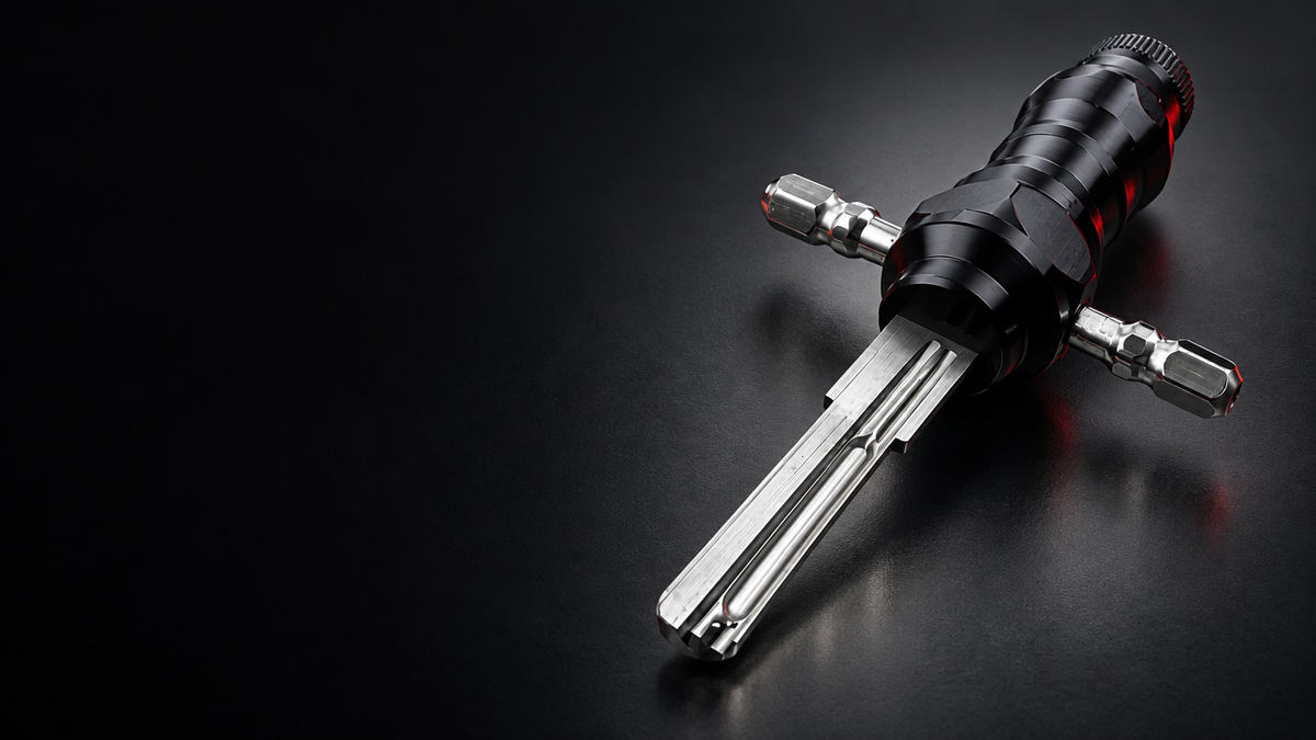 Universal Decoder in black and polished metal on a dark studio background